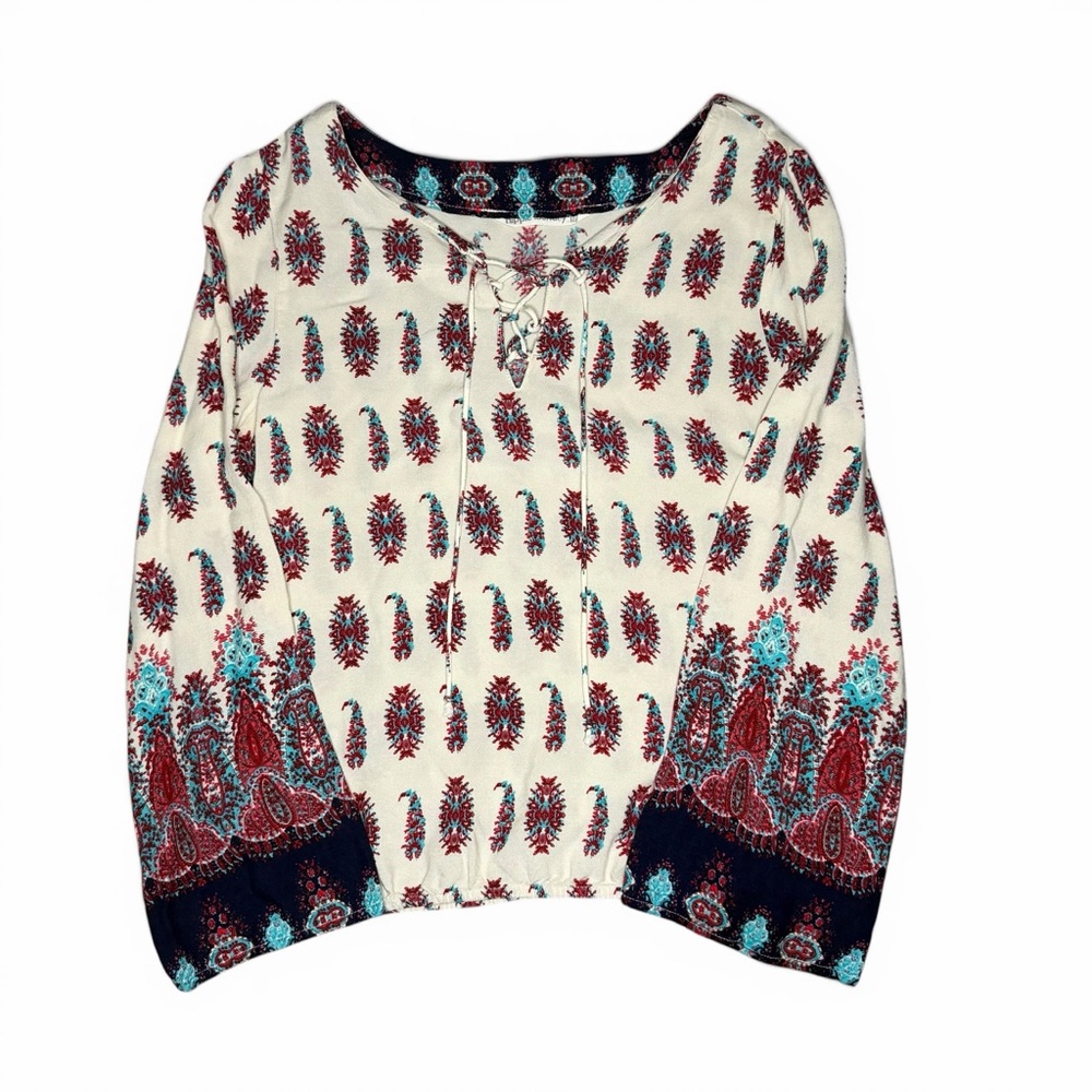 hippie laundry Cream Paisley Lace-Up Boho Tunic with Teal & Red Accents